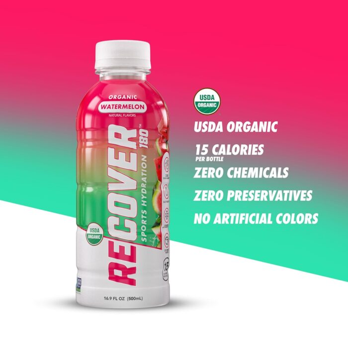 RECOVER 180 Organic Sports Hydration Drink, No Sugar Added, 15 Calorie Sports Beverage, Organic Flavors With Vitamins, Potassium-Packed Electrolytes (16.9 Fl Oz (Pack of 12), Watermelon) - Image 5