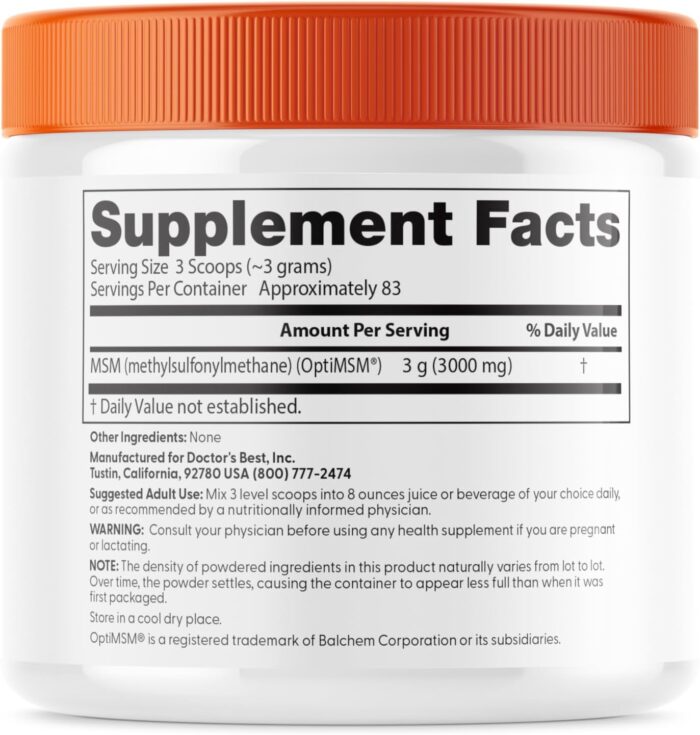 Doctors Best MSM Powder, Supports Hair, Skin, Nails, & Joints, Non-GMO, Gluten Free, Soy Free, Vegan Net Wt. 8.8 oz (250 Grams) - Image 3