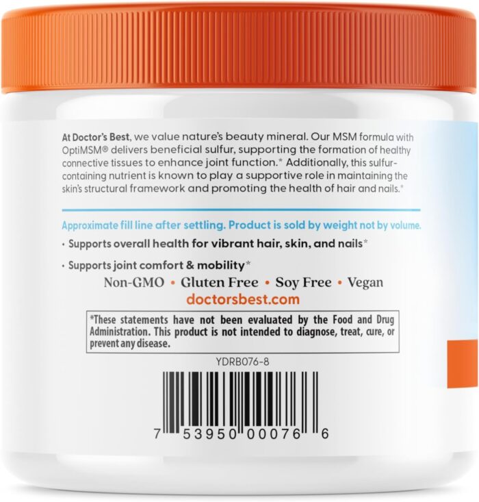 Doctors Best MSM Powder, Supports Hair, Skin, Nails, & Joints, Non-GMO, Gluten Free, Soy Free, Vegan Net Wt. 8.8 oz (250 Grams) - Image 4
