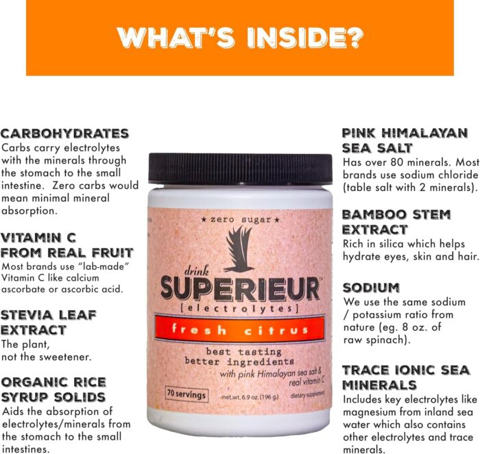Superieur Electrolytes – Plant Based Electrolyte Supplement w/Sea Minerals for Hydration & Recovery – Keto Friendly, Non-GMO, Zero Sugar, Vegan Healthy Sports Drink Powder – Citrus (70 Servings) - Image 6