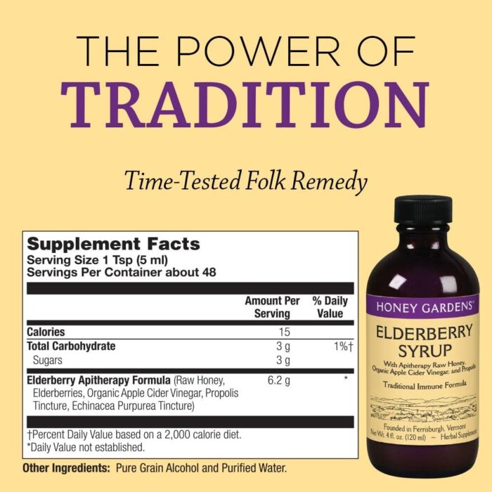 Honey Gardens Elderberry Syrup with Grade A Raw Honey, Propolis, Organic ACV & Elderberries | Traditional Immune Formula w/Echinacea | Made in The USA (4oz, 2pk) - Image 3