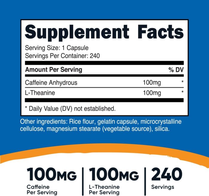 Nutricost Caffeine with L-Theanine, 100mg of Each, 240 Capsules, 240 Servings - Non-GMO and Gluten Free - Image 3