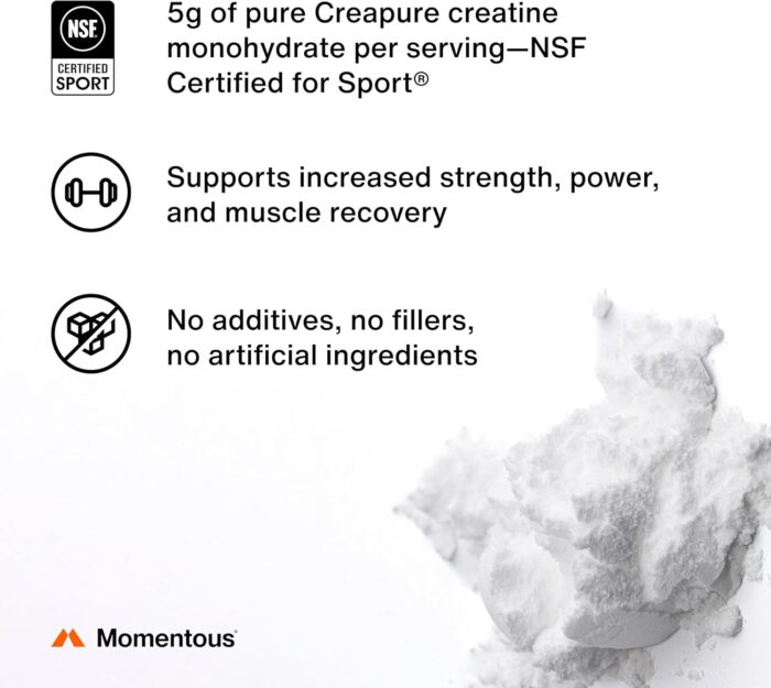 Momentous Creatine Monohydrate Powder - Creapure Creatine Powder Supports Strength, Lean Muscle, & Recovery for Men & Women - 5g Per Serving, 90 Servings - Image 3