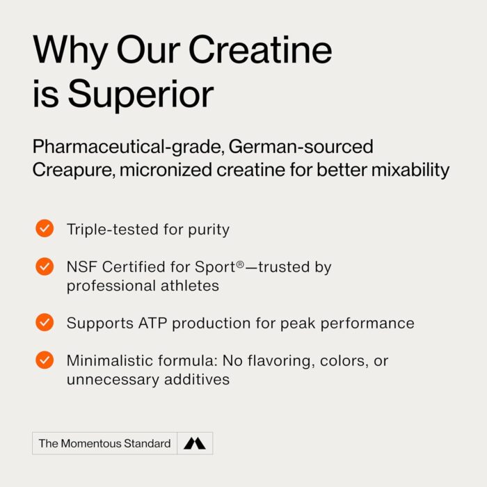 Momentous Creatine Monohydrate Powder - Creapure Creatine Powder Supports Strength, Lean Muscle, & Recovery for Men & Women - 5g Per Serving, 90 Servings - Image 4