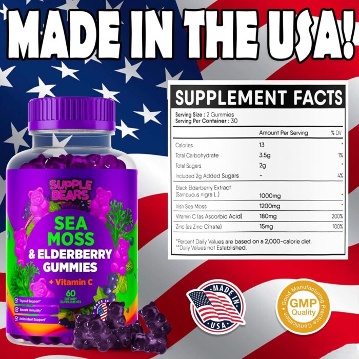 Sea Moss Gummies & Elderberry - Vitamin C + Zinc – Extra Strength Immune & Thyroid Support Booster Gummy Bears for Kids & Adults - 60 Seamoss Gummies - Made in The USA - Image 3