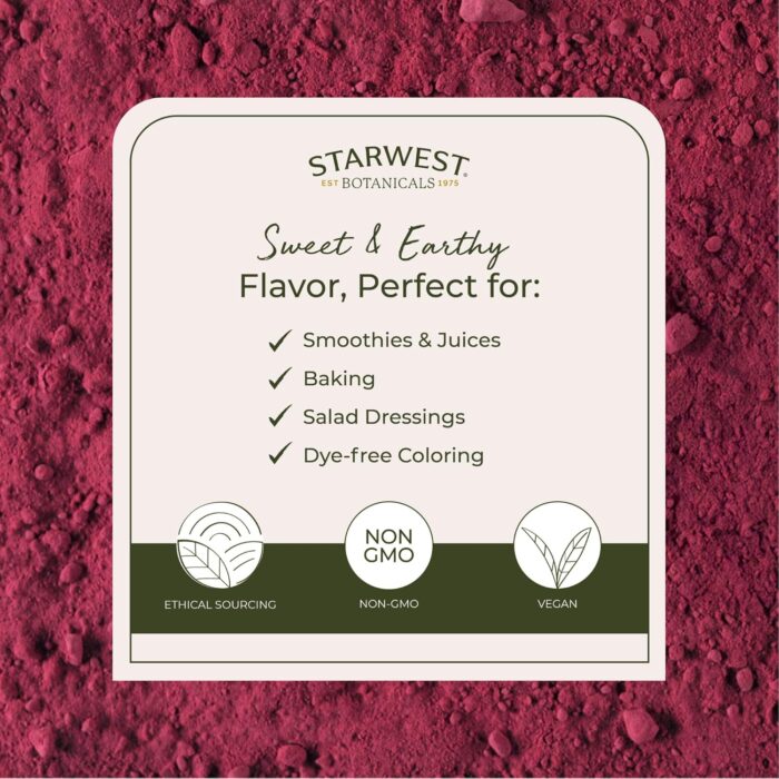 Starwest Botanicals Organic Beet Root Powder for Men & Women - Use for Juice, Smoothies, & Tea, Natural Energy Support, Ground Beet Root, Certified Kosher, Non-GMO - Bulk 1 lb Bag - Image 4