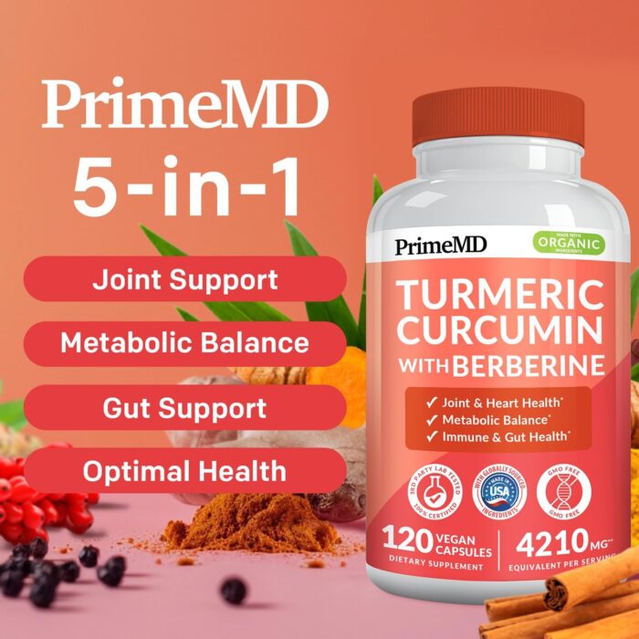 5-in-1 Organic Turmeric Curcumin Supplement (4210mg) with Berberine, Ceylon Cinnamon Bioperine and Ginger Supplements for Joint, Heart, Gut, & Metabolic Support (120 ct) - Image 3