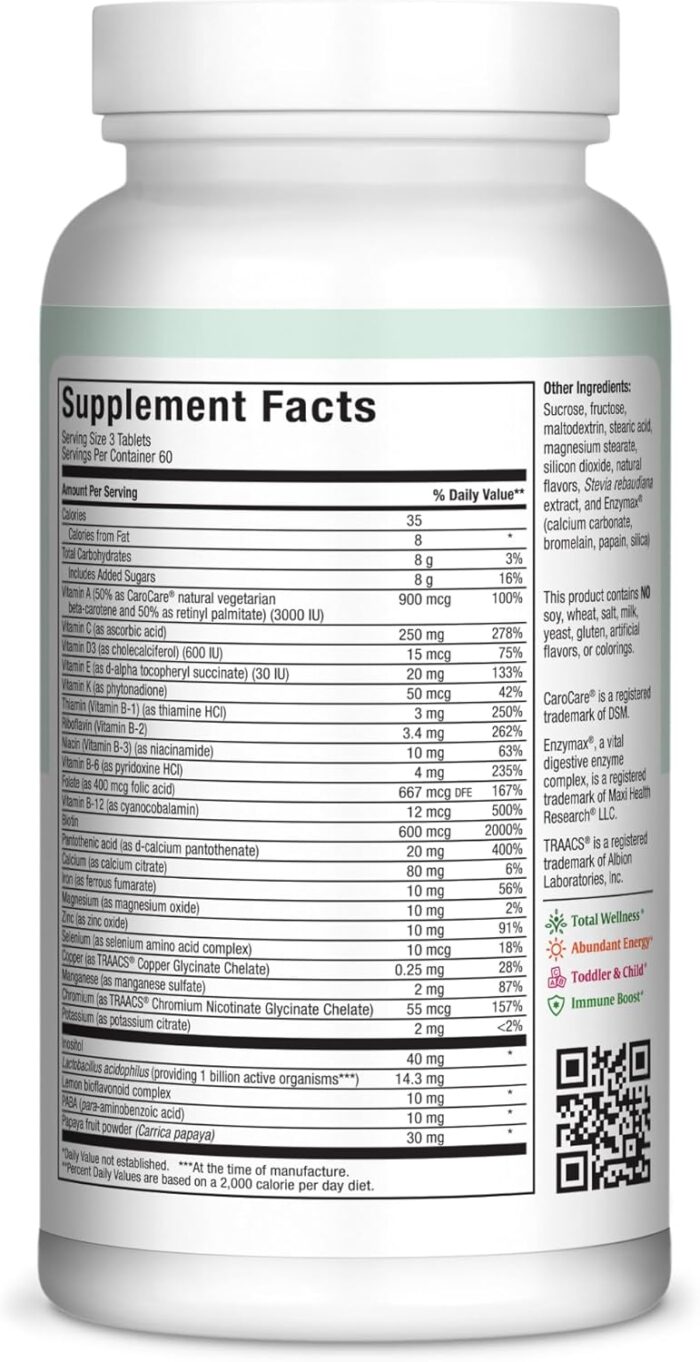 Maxi Health Chewable Multivitamin for Kids, Teens and Adults - Cherry Chewable Vitamins for Adults & Children - Kosher Kids Multivitamin + Iron (180 Tablets) - Image 3