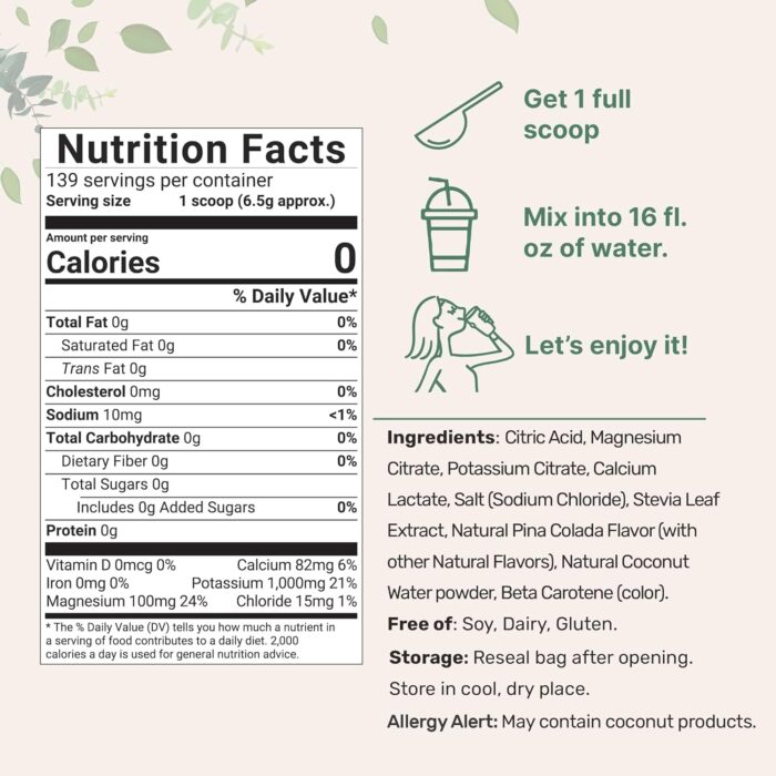 Micro Ingredients Hydration Electrolyte Powder, 2lbs (139 Servings) | Keto & No Sugar – High Potassium (1,000mg) with Tropical Piña Colada Flavor & Natural Coconut Water | Non-GMO - Image 3