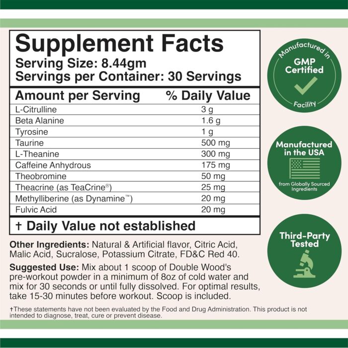 Pre Workout Powder for Men & Women (30 Servings of Caffeine, Beta Alanine, L-Citrulline, Dynamine, L-Theanine, Taurine, Theacrine, & More) Preworkout Powder with Scoop by Double Wood (Fruit Punch) - Image 3