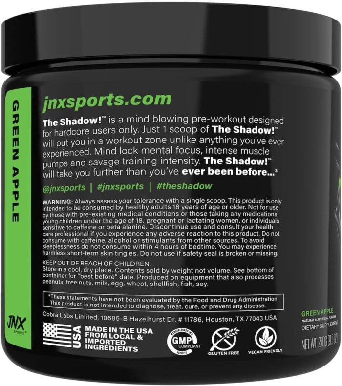 JNX SPORTS The Shadow! 350mg of Caffeine Hard Core Preworkout - Green Apple 30 Servings | Electric Energy, Mental Focus & Superhuman Strength for Men & Women - Image 3