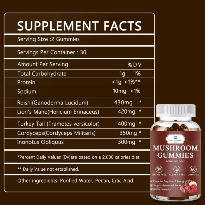 Organic Mushroom Gummies with Mane Mushroom, Reishi, Cordyceps, Lion's Mane Mushroom Gummies for Adults Brain Booster, Immune Support, Energy-60 Units - Image 3
