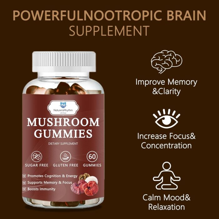 Organic Mushroom Gummies with Mane Mushroom, Reishi, Cordyceps, Lion's Mane Mushroom Gummies for Adults Brain Booster, Immune Support, Energy-60 Units - Image 4