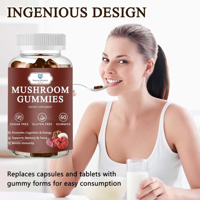 Organic Mushroom Gummies with Mane Mushroom, Reishi, Cordyceps, Lion's Mane Mushroom Gummies for Adults Brain Booster, Immune Support, Energy-60 Units - Image 5