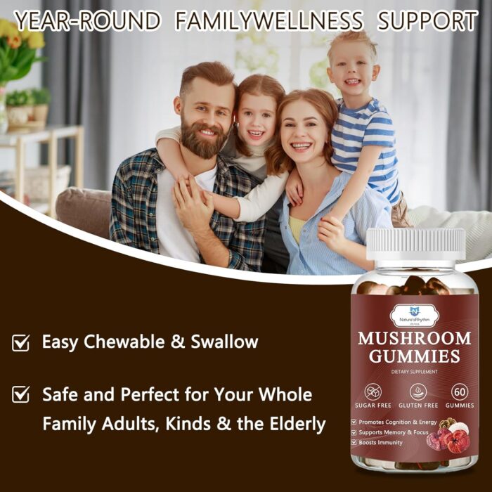 Organic Mushroom Gummies with Mane Mushroom, Reishi, Cordyceps, Lion's Mane Mushroom Gummies for Adults Brain Booster, Immune Support, Energy-60 Units - Image 8