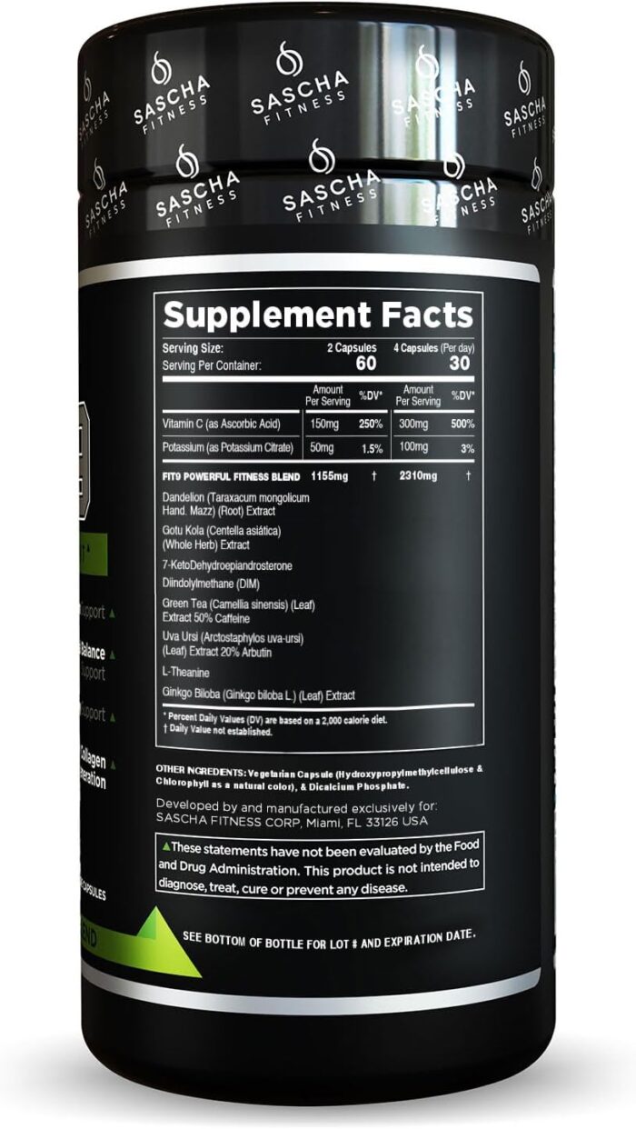 Sascha Fitness Fat Loss pills | Collagen support | Fluid Balance | FIT9 Ingredients: 7Keto + Uva Ursi, Gotu Kola, L-Theanine,Gingko Biloba,DIM,Green Tea | Weight Loss Supplements-Vegan-120 Natural Cap - Image 3