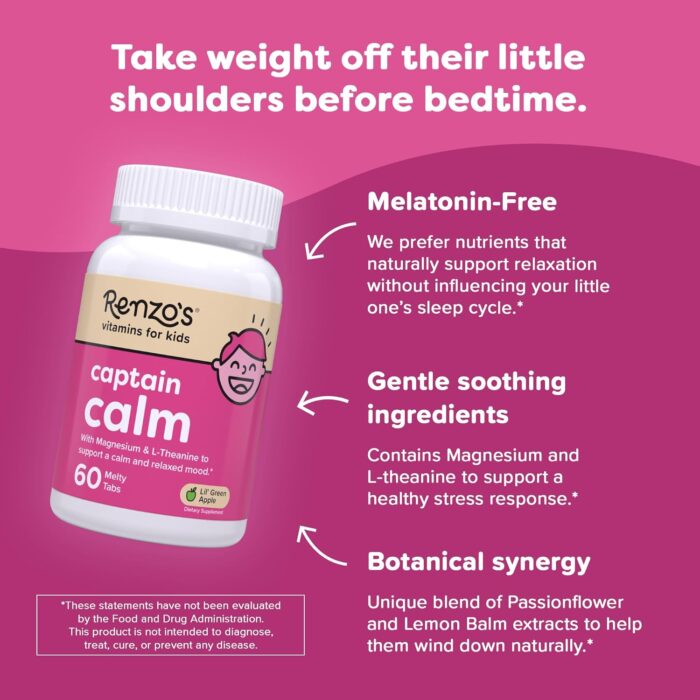 Renzo's Captain Calm, Kids Magnesium Supplement with L-theanine, Dissolvable Kids Vitamins for Relaxation and Mood Support, Sugar-Free Calming Supplement, 60 Green Apple Flavored Melty Tabs - Image 4