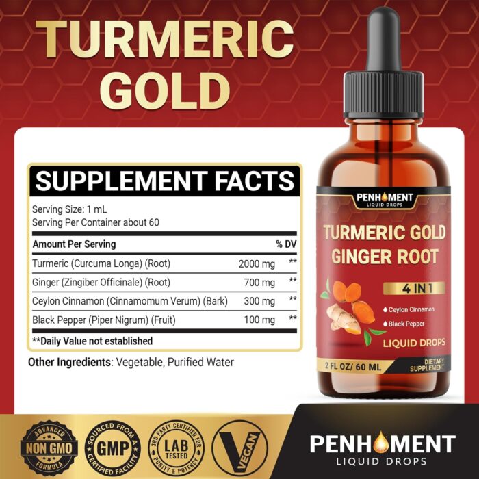 4 in 1 Liquid Turmeric Curcumin Drops Ginger Ceylon Cinnamon and Black Pepper for Joint Support - 2FL oz - 60 Servings - Image 3