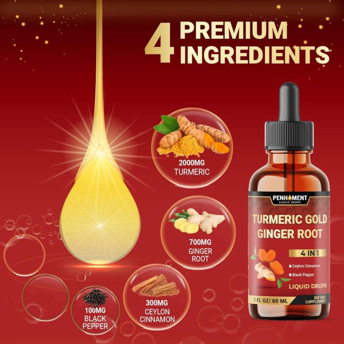 4 in 1 Liquid Turmeric Curcumin Drops Ginger Ceylon Cinnamon and Black Pepper for Joint Support - 2FL oz - 60 Servings - Image 4