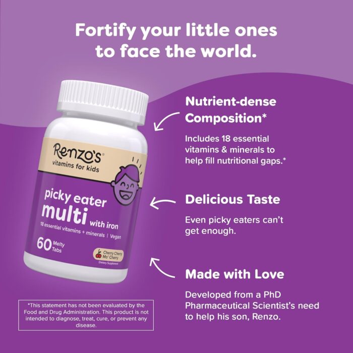 Renzo's Picky Eater Kids Multivitamin with Iron, Dissolving Kids Vitamins with Vitamin D3 & K2 and More, 60 Sugar-Free Melty Tabs, Cherry Mo’ Cherry Flavored - Image 3