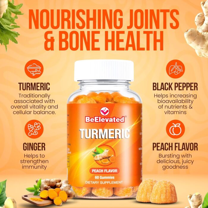 Curcumin Turmeric Gummies – Extra Strength 2000mg 8:1 Extract Turmeric Supplement Gummies with Black Pepper & Ginger – Vegan Non-GMO Joint Support Chewables – Peach Flavor, 60 Count - Image 3
