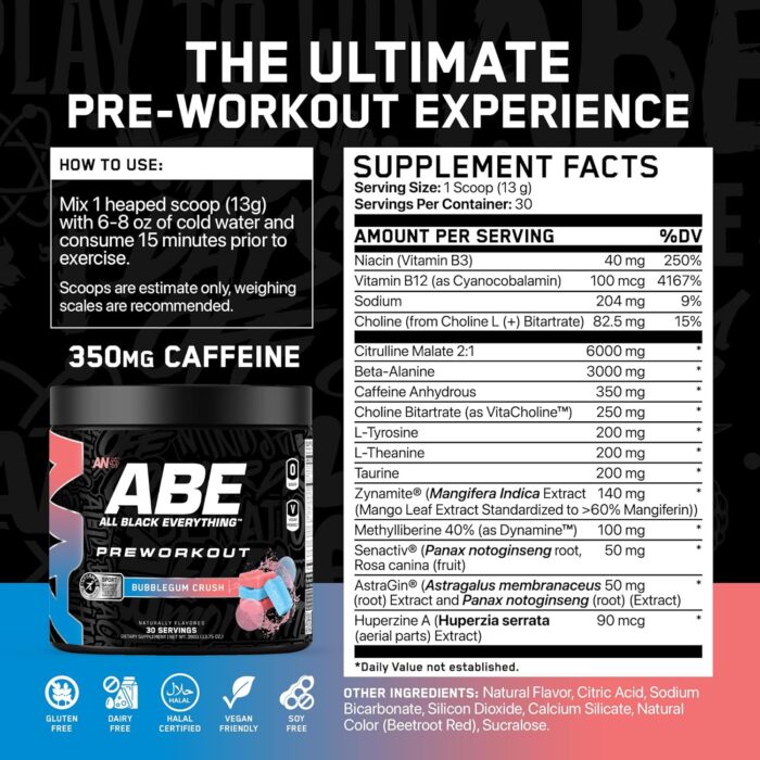 All Black Everything Pre Workout Powder | 30 Servings | Bubblegum Crush | 350mg Caffeine | Nootropic Pre-Workout Blend | Beta Alanine + Citrulline | Energy Supplement for Men and Women - Image 3