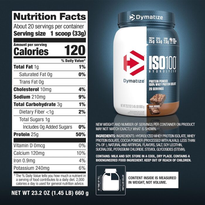 Dymatize ISO100 Whey Protein Powder Isolate, Fudge Brownie, 25g of Protein, 20 Servings, 5.5g BCAAs, Less Than 120 Cal., Gluten Free, 1g Fat, 1g Sugar, 2g Carb - Image 7