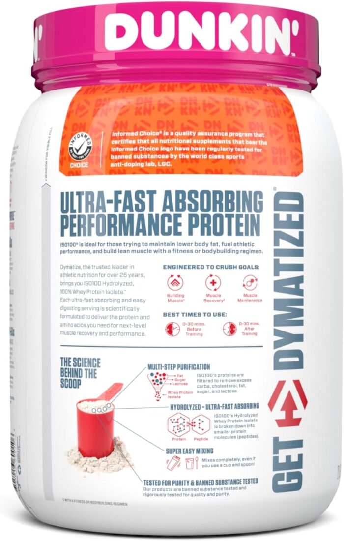 Dymatize x Dunkin' Cappuccino ISO100 Whey Protein Powder, 95mg Caffeine, 25g of Protein, 20 Servings, 5.5g BCAAs, 120 Cal., Gluten Free, 1g Fat, 1g Sugar, 2g Carb - Image 4