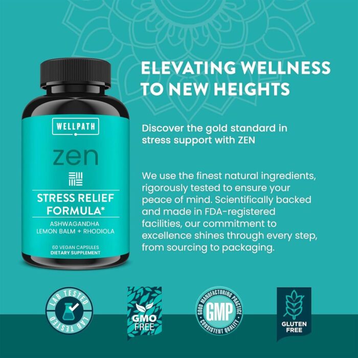 WellPath Zen Stress Relief Supplement + Mood Support | Calm, Stress & Energy Support | Ashwagandha Root, Rhodiola Rosea, L-Theanine, Lemon Balm | Herbal Capsules, 60 Ct - Image 6