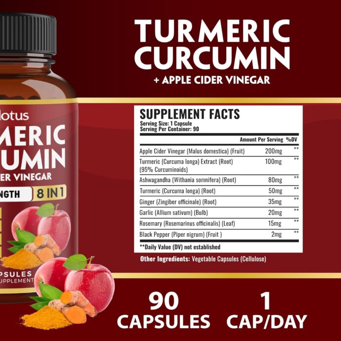 7 in 1 Turmeric Curcumin + Apple Cider Vinegar Capsules, 3 Month Supply with Ashwagandha, Ginger, Garlic Bulb, 95% Standardized Curcuminoids, Joint & Absorption Support - Image 3