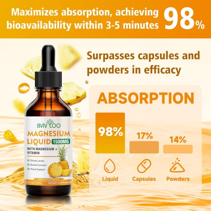 2 Pack Magnesium Glycinate Liquid, High Absorption Magnesium Liquid Drops with Cellulose Fiber, Bromelain, Vitamins B6 C D & Zinc, Magnesium Supplement for Adults & Kids, Pineapple Flavor - Image 6