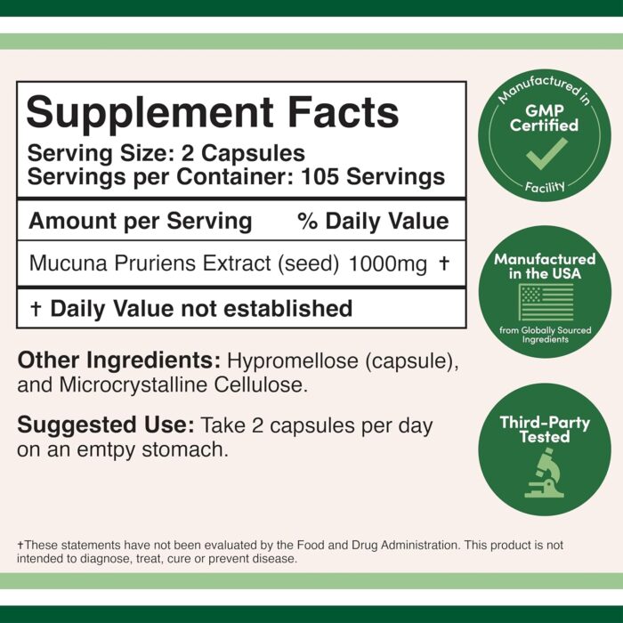Mucuna Pruriens Extract Capsules - Dopamine Boosting Supplement - 210 Count, 1,000mg Per Serving, 20% (from Velvet Bean) (for Mood and Motivation Support) Third Party Tested by Double Wood - Image 3