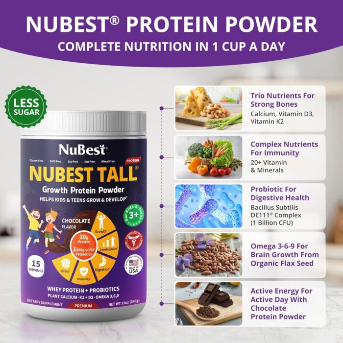 NuBest Tall Protein Powder for Kids & Teens - Whey Protein Powder - Chocolate Protein Powder Shake - Protein Drink with Probiotics, Omega 3-6-9, Vitamin D3 + K2, Calcium, Vitamin - 15 Servings - Image 4