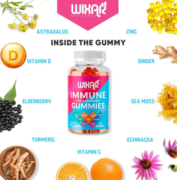 9 in 1 Immune Support Gummies with Elderberry, Vitamin C&D, Zinc, Turmeric, Ginger, Echinacea, Astragalus & Sea Moss for Immunity Supplement - 60 Gummies - Image 4