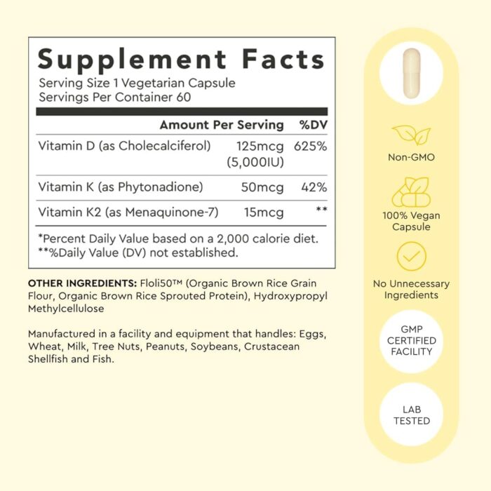 Alaya Naturals Vitamin D3 K2 Supplement – 5000 IU D3, 50 mcg K1, 15 mcg K2 MK-7 – High Absorption Capsules for Bone & Immune Support, Non-GMO, Vegetarian Capsules 60 Count - Image 3