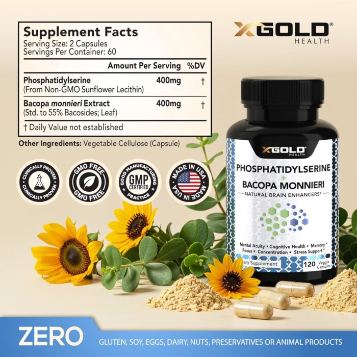 PhosphatidylSerine & Bacopa Monnieri 400 mg 2 in 1 Supplement - Natural Brain Enhancer/Nootropic for Enhanced Focus and Concentration, Memory Support, & Cognitive Function - 120 Vegetarian Capsules - Image 3