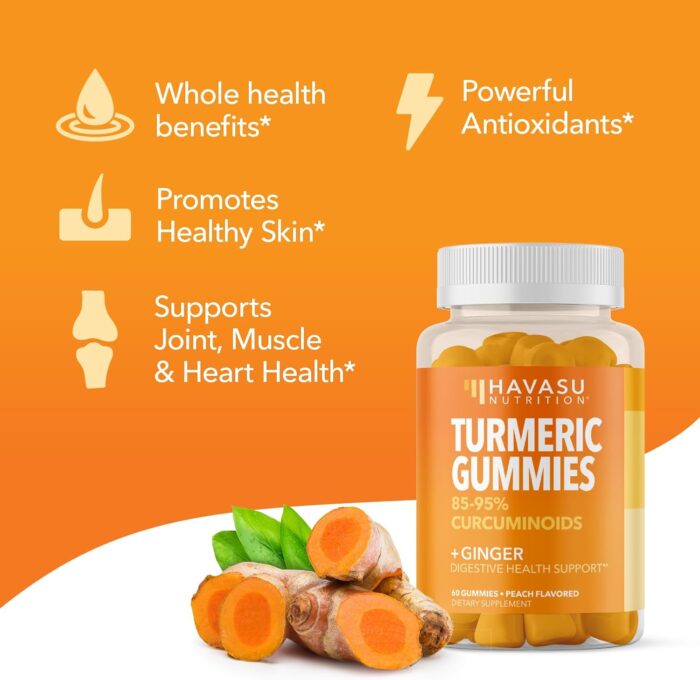 Turmeric Gummies with Ginger and 95% Curcuminoids - Digestive Health and Immune Support Supplement for Overall Wellness - 60 Count - Vegan, Non-GMO Curcumin Vitamin - Peach Flavor, 1 Month Supply - Image 7