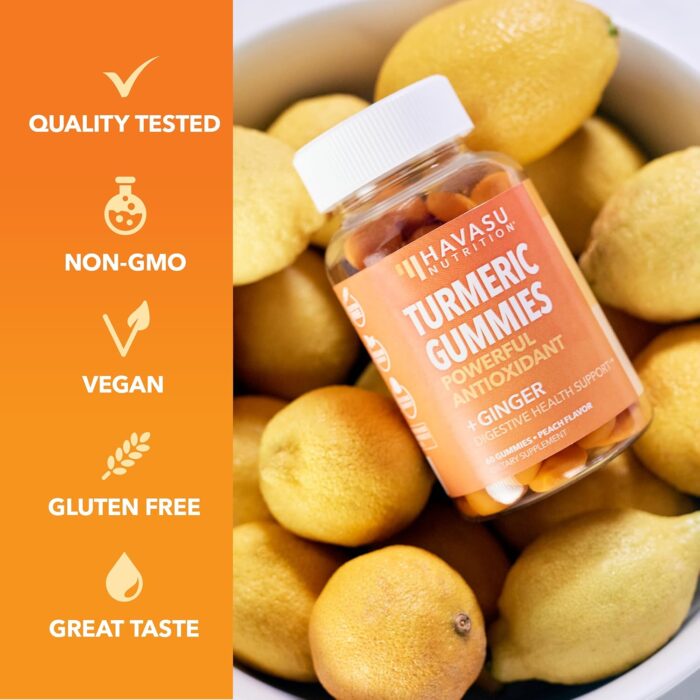 Turmeric Gummies with Ginger and 95% Curcuminoids - Digestive Health and Immune Support Supplement for Overall Wellness - 60 Count - Vegan, Non-GMO Curcumin Vitamin - Peach Flavor, 1 Month Supply - Image 8