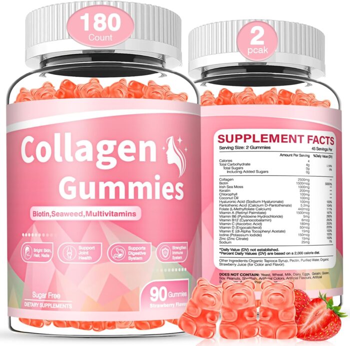 180 Count Collagen Gummies 2500mg Collagen Protein Type I II III V X with Biotin Vitamins C A B D E Keratin Hyaluronic Acid for Hair Skin Nails Joint Immune Digestion for Women Men Sugar Free - Image 2