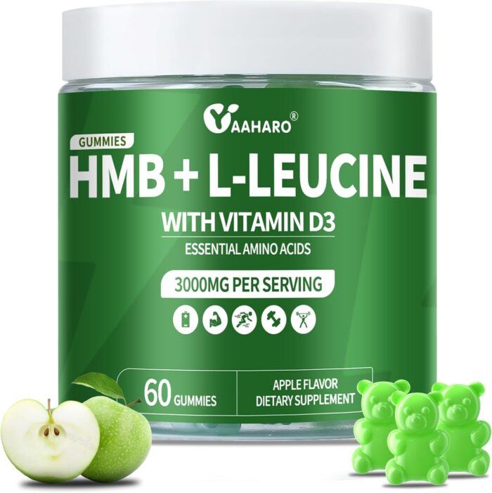 (2 Pack) HMB & L-Leucine Gummies 3000mg - with Vitamin D3 for Muscle Recovery, Energy, Endurance & Muscle Mass Increase - for Men & Women - Non-GMO, Vegan, Gluten-Free, Apple Flavor - 120 Gummies - Image 2