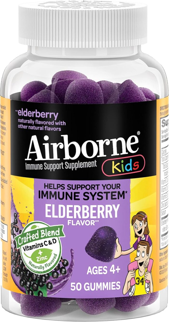 Airborne Kids Elderberry + Zinc & Vitamin C Gummies, Kids Immune Support with Powerful Antioxidants VIT D & E - 50 Gummies, Elderberry Flavor - Image 2