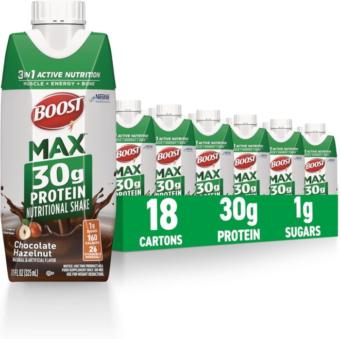 BOOST MAX Protein Shakes Ready to Drink - 30g High Protein Shake - Hazelnut | Nutritional Drinks to Support Muscle Recovery After Exercise, 26 Vitamins & Minerals, 1g Sugar, 11 fl oz (Pack of 18) - Image 2