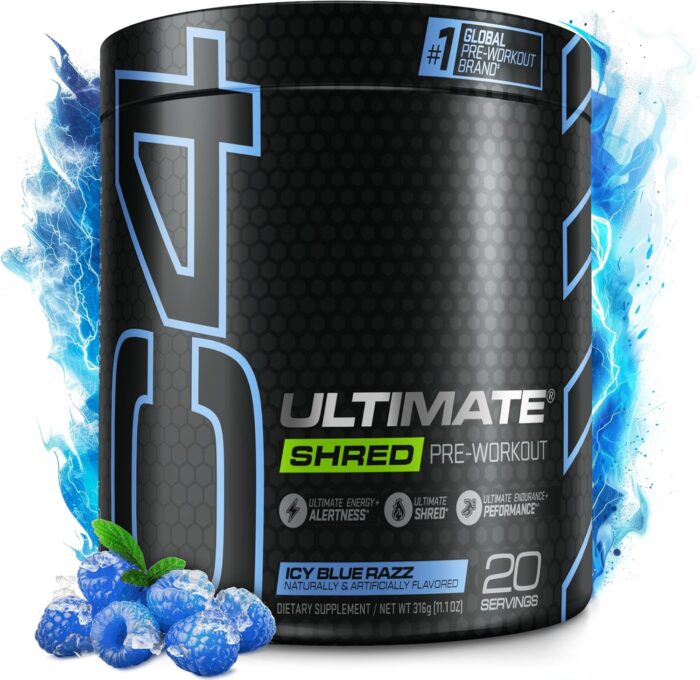 Cellucor C4 Ultimate Shred Pre Workout Powder for Men & Women, Metabolism Supplement with Ginger Root Extract, ICY Blue Razz, 20 Servings (Pack of 1) - Image 2