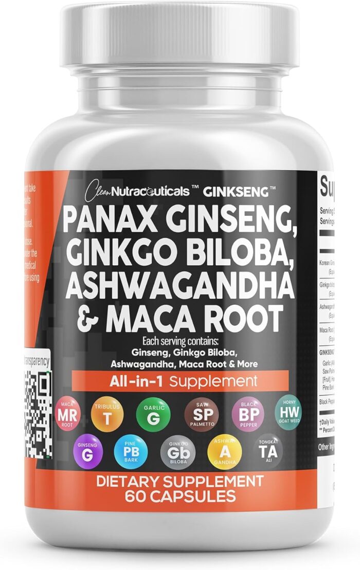 Clean Nutraceuticals Panax Ginseng Ginkgo Biloba Ashwagandha Maca Root - Focus Supplement Pills for Women and Men with Pine Bark Extract, Garlic, and Saw Palmetto - 60 Caps - Image 2