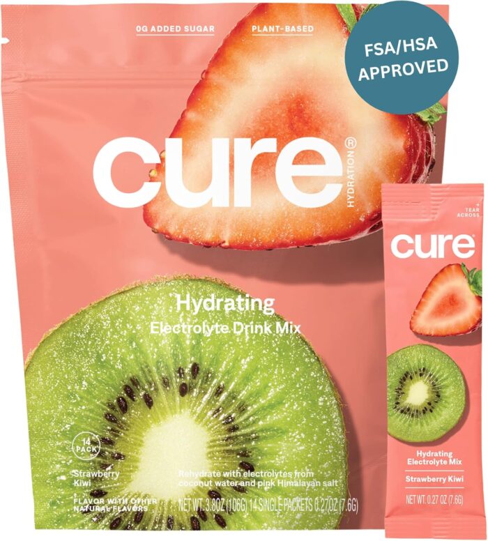 Cure Hydration | Plant-Based Electrolyte Drink Mix | No Added Sugar | FSA & HSA | Dehydration Relief Powder Made with Coconut Water | Non-GMO | Vegan | Pouch of 14 Packets - Strawberry Kiwi - Image 2