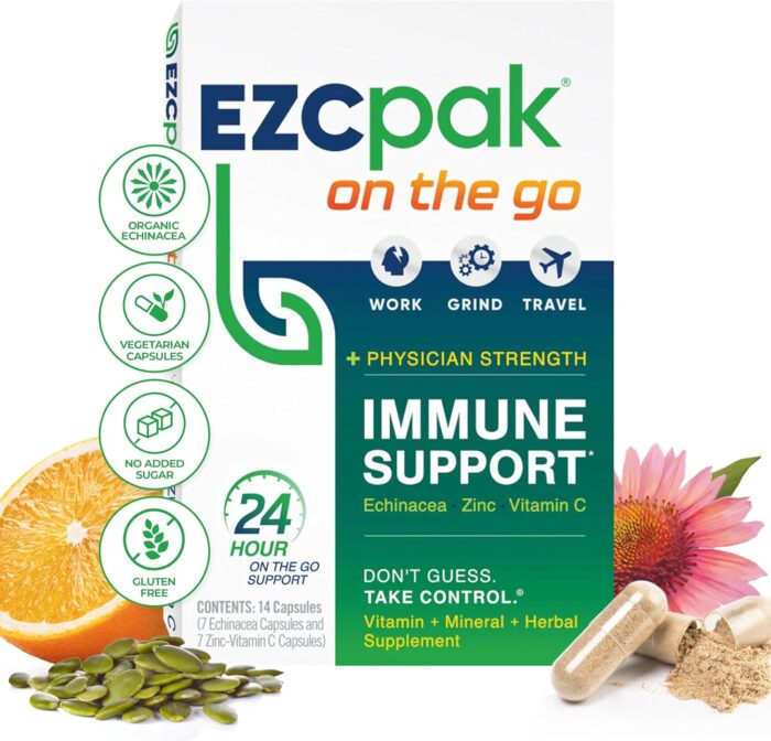 EZC Pak On The Go Immune System Booster with Echinacea, Vitamin C, Zinc, Immune Support Supplement, Immunity Vitamins for Adults, Travel-Friendly Packaging, Vegetarian, Gluten-Free - Image 2