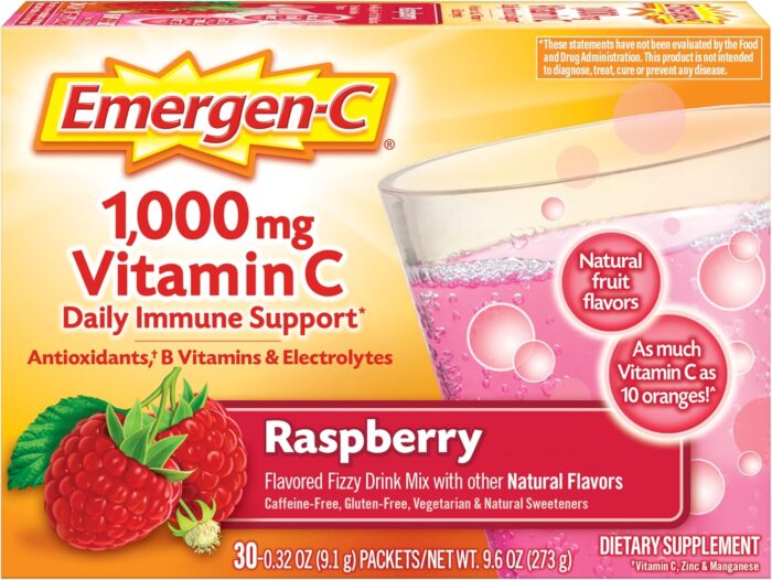 Emergen-C 1000mg Vitamin C Powder, with Antioxidants, B Vitamins and Electrolytes, Supplements for Immune Support, Caffeine Free Fizzy Drink Mix, Raspberry Flavor - 30 Count/1 Month Supply - Image 2