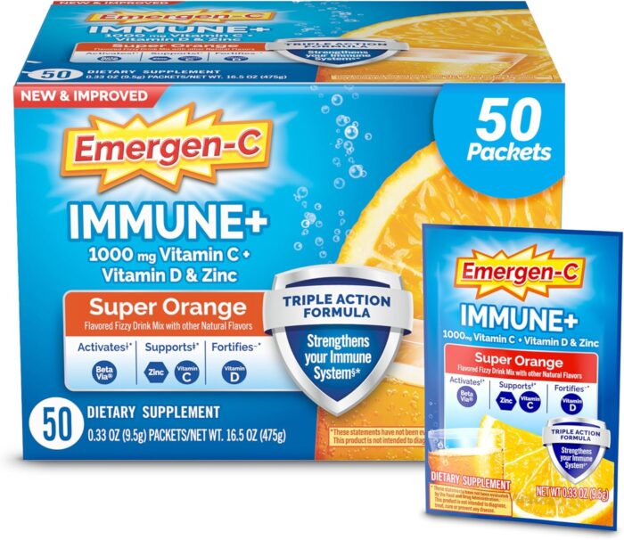 Emergen-C Immune+ Triple Action Immune Support Powder, BetaVia (R), 1000mg Vitamin C, B Vitamins, Vitamin D and Antioxidants, Super Orange – 50 Count - Image 2