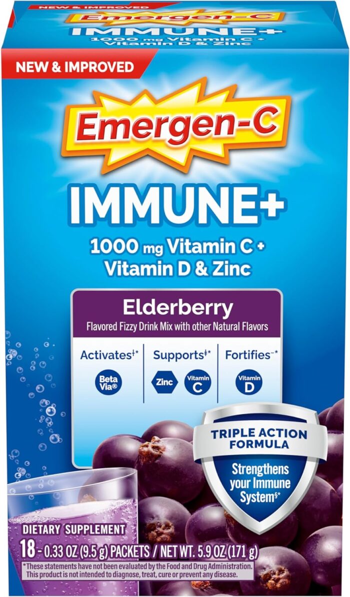 Emergen-C Immune+ Vitamin C 1000mg (18 Count, Elderberry) Dietary Supplement Fizzy Drink Mix Powder Packets - Image 2