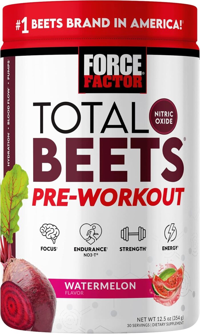 FORCE FACTOR Total Beets Pre-Workout Powder to Boost Energy & Endurance, Increase Strength, and Improve Blood Flow and Pumps, Nitric Oxide Supplement with Beet Root Powder, Watermelon, 30 Servings - Image 2